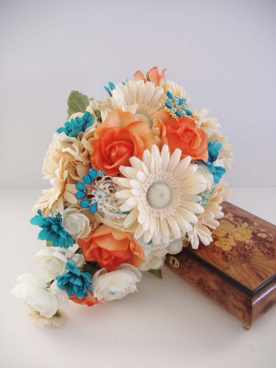 Hochzeit - Silk BROOCH Bouquet, ON SALE, Turquoise Blue Coral  Wedding, Real Touch Roses, Cascade Wedding Bouquet, Ready To Ship