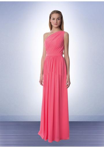Wedding - Ruched Sleeveless Pink One Shoulder Floor Length Chiffon