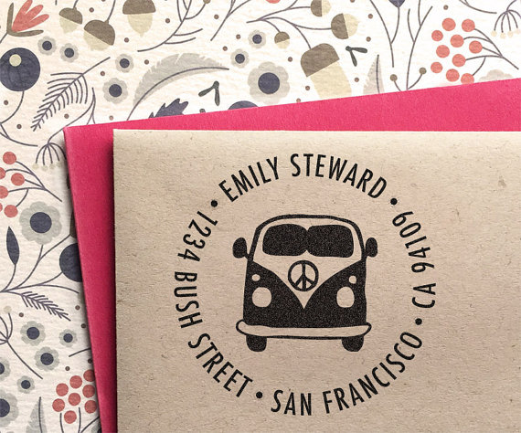 Mariage - Custom Address Stamp with a cute hippie VW Bus, Rubber or Self Inking Stamp, customized gift for holidays, birthdays, school