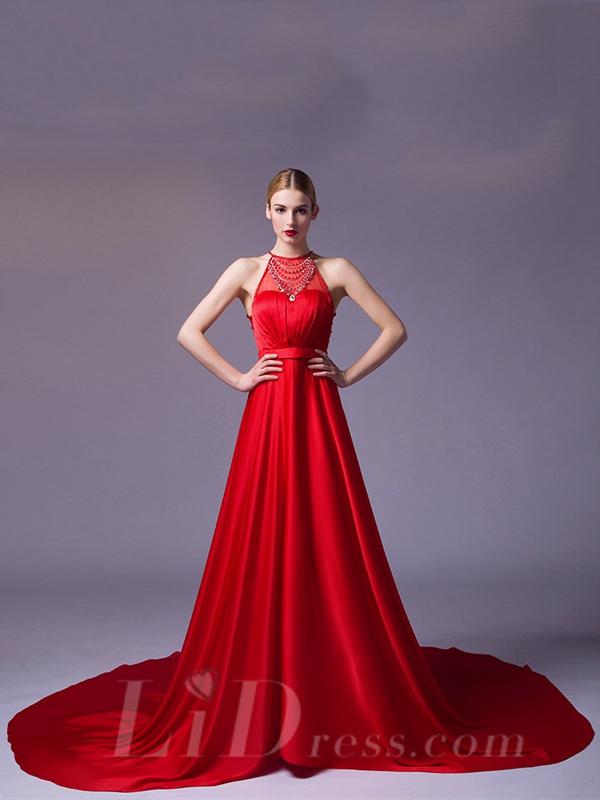 Wedding - Illusion Halter Neckline Red A-line Evening Dress