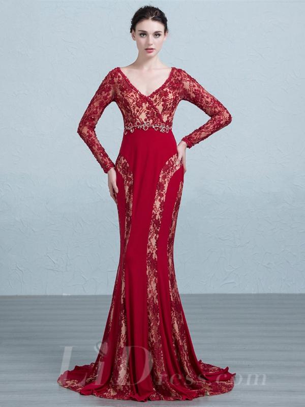Свадьба - Lace Long Sleeves V Neckline Evening Dress with Keyhole Back