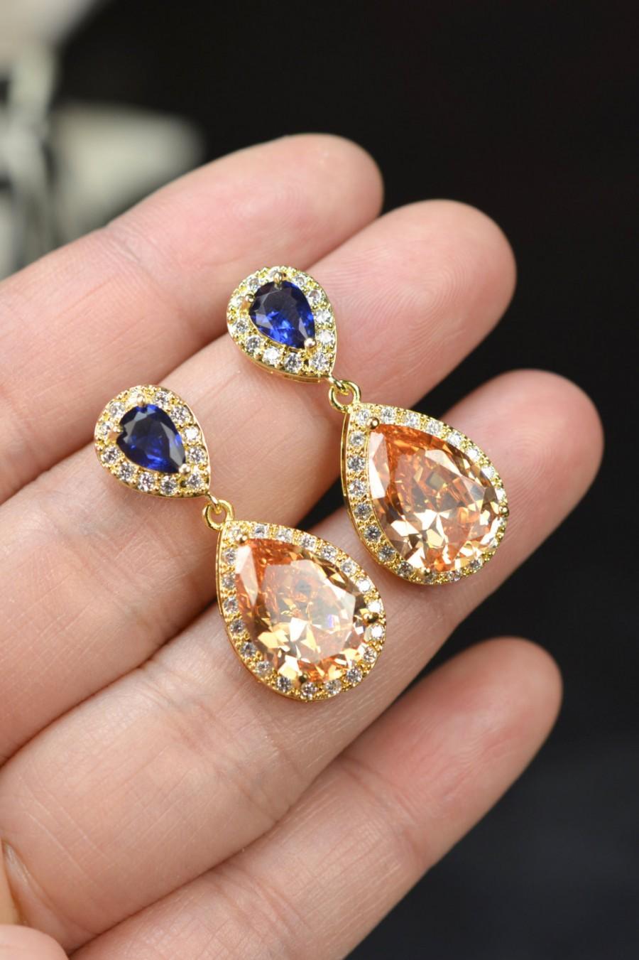 زفاف - Champagne, Navy Earrings, Peach Earrings, Sapphire Earrings, Wedding Jewelry Bridal Dangle drop Bridesmaid Gift, Personalized Jewelry