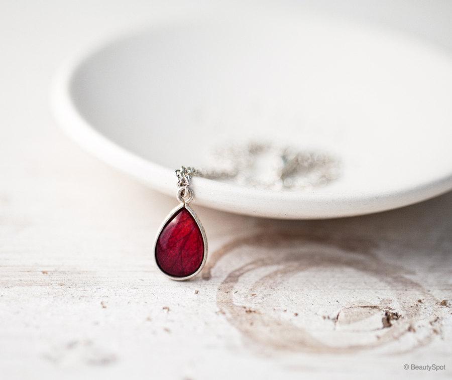 Свадьба - Red rose necklace - Silver Teardrop necklace - Red Teardrop necklace - Ruby red silver necklace - Red necklace - Bloom by BeautySpot (N098)