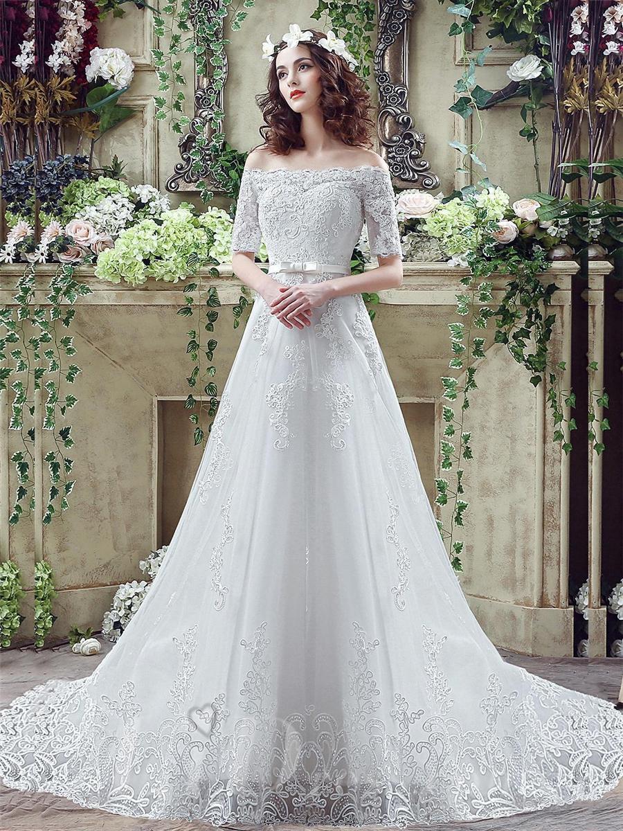 Hochzeit - Elegant Off-the-shoulder Lace Appliques Wedding Dress 2016 Bowknot Lace-up