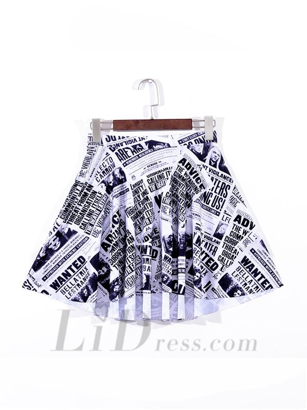 زفاف - White Digital Printing Hot Selling Newspaper Pleated Skirts Skt1109