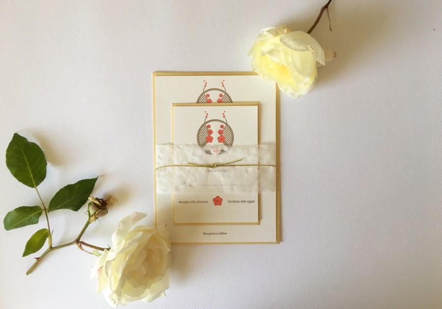 زفاف - Letterpress Wedding Invitation Package - Pair of Cranes with plum blossoms