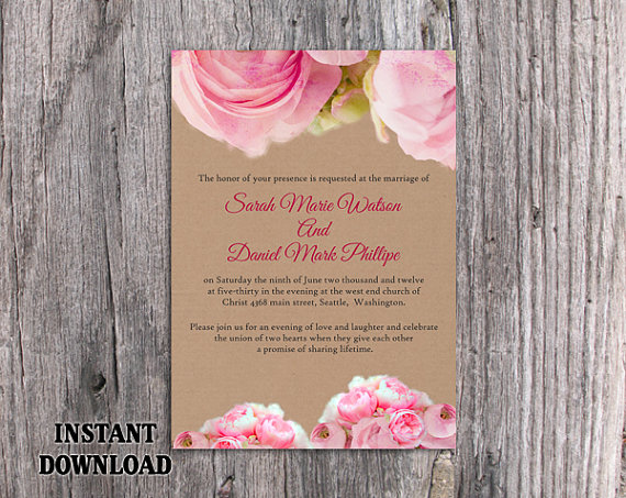 Wedding - DIY Rustic Wedding Invitation Template Editable Word File Download Printable Pink Invitation Boho Wedding Invitation Peonies Invitation