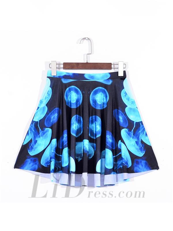 Wedding - Hot Ladies Fashion Digital Printing Blue Jellyfish Pleated Skirts Skt1092