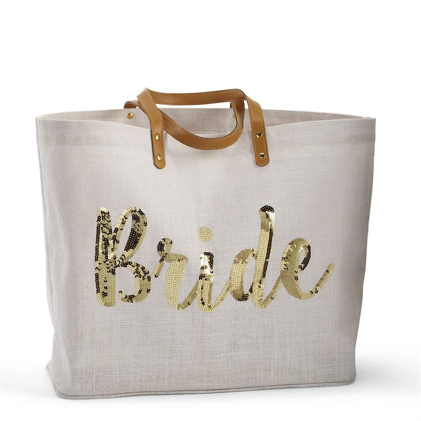 زفاف - Bride Jute Burlap Gold Sequin Bag - Leather Handles! Awesome Wedding Shower Gift - Embroidered Personalized