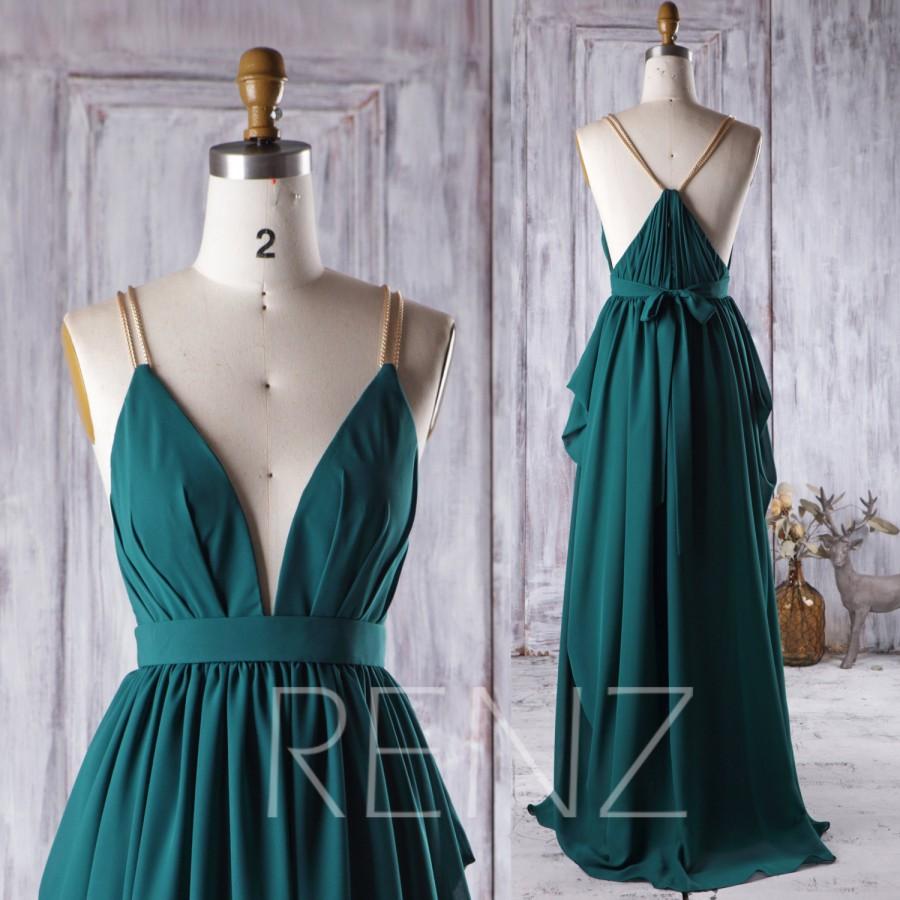 Mariage - 2016 Dark Green Bridesmaid Dress, V Neck Ruched Wedding Dress, Gold Spaghetti Straps Prom Dress, A Line Evening Gown Floor Length (H276)