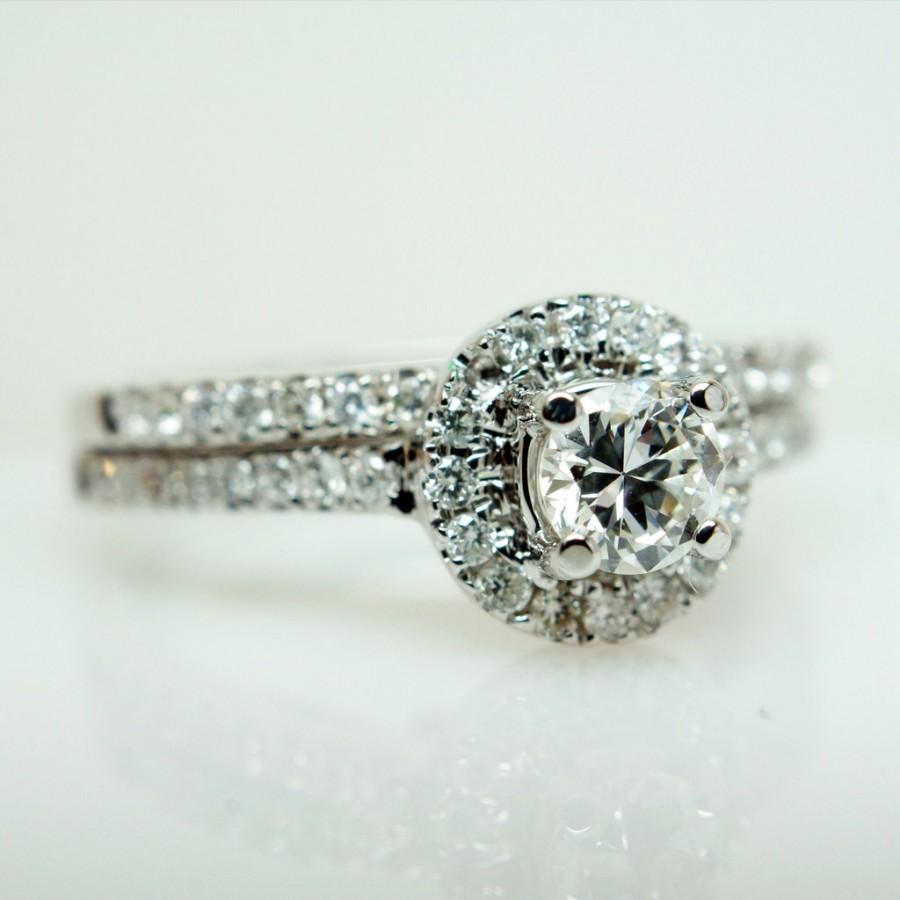 Mariage - SALE - 14k White Gold Halo Round .72cttw Diamond Engagement Ring & Band Set - Size 6 -(Complete Bridal Wedding Set)