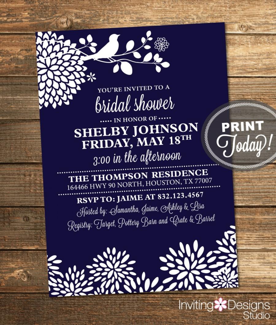 Wedding - Navy Blue Bridal Shower Invitation, Bird, Floral, Modern, Printable (Custom Order, INSTANT DOWNLOAD)