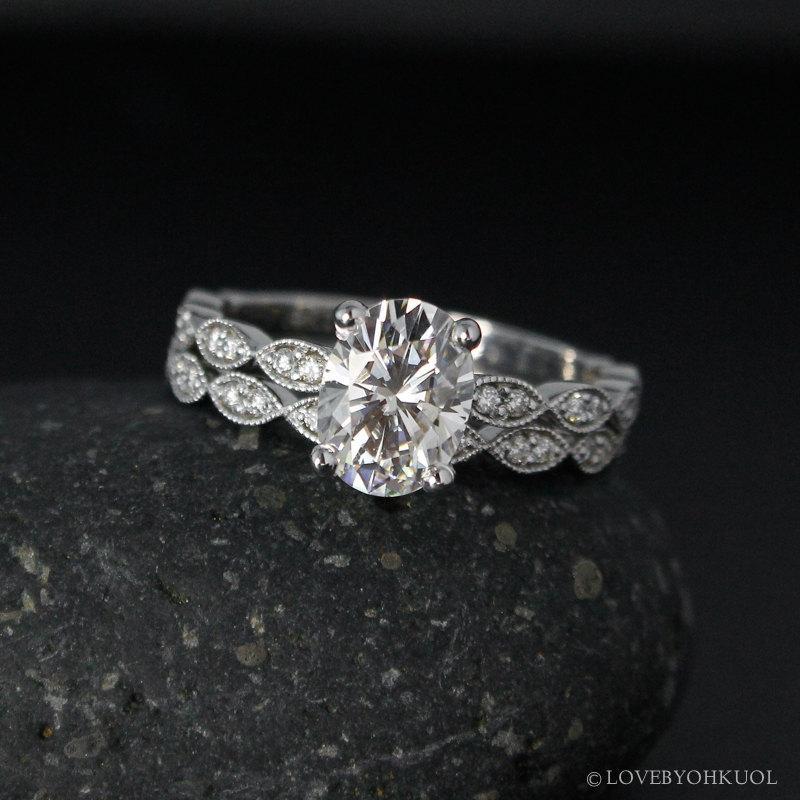 Hochzeit - Forever One Oval Moissanite Engagement Ring - Vintage Inspired Wedding Set - Boho Bridal Rings