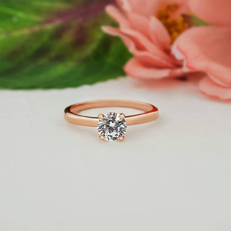 Hochzeit - 1/2 ct Engagement Ring, Round Solitaire Ring, Man Made Diamond Simulant, Bridal Ring, Promise Ring, Sterling Silver, Rose Gold Plated