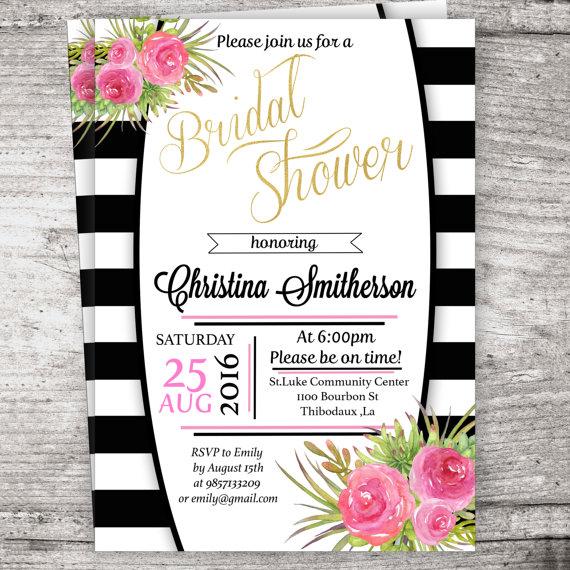 Hochzeit - Inspired Black and White Stripe Bridal Shower Invitation, Black and white bridal shower invitation Watercolor Floral digital download