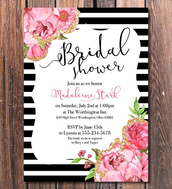 Hochzeit - Black and Pink Bridal shower Invitation with gold accents 