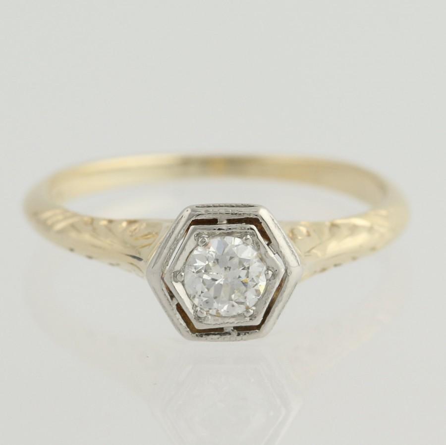 Свадьба - Art Deco Engagement Ring - 14k Yellow White Gold Euro Cut Solitaire Floral .27ct Unique Engagement Ring L8410
