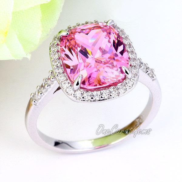 زفاف - Pink 6 Carat Ct Rectangle Cushion Cut Lab Made Diamond Halo 925 Sterling Silver Wedding Bridal Engagement Ring