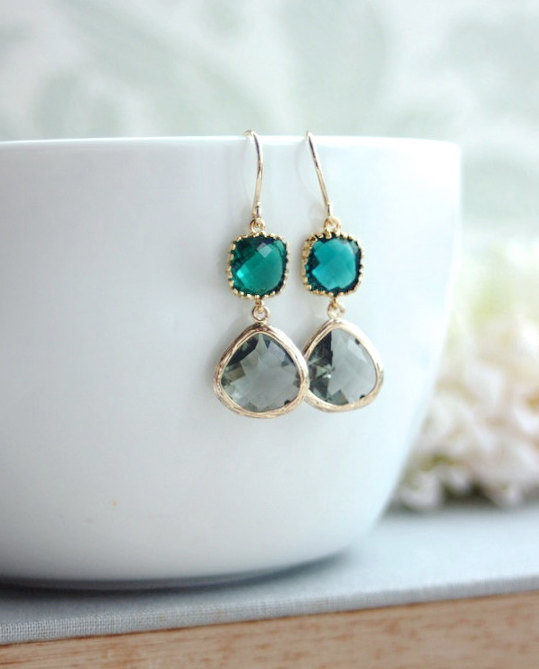 Mariage - Black Diamond Framed Glass Drop and Emerald Green Drop French Dangle Earrings.  Modern Everyday. Wedding Bridal Bridesmaids Earrings