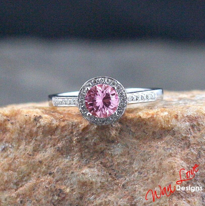 زفاف - Pink Sapphire & Diamond Channel prong set Round Halo Engagement Ring .8ct 5mm 14k 18k White Yellow Rose Gold Platinum Custom Wedding