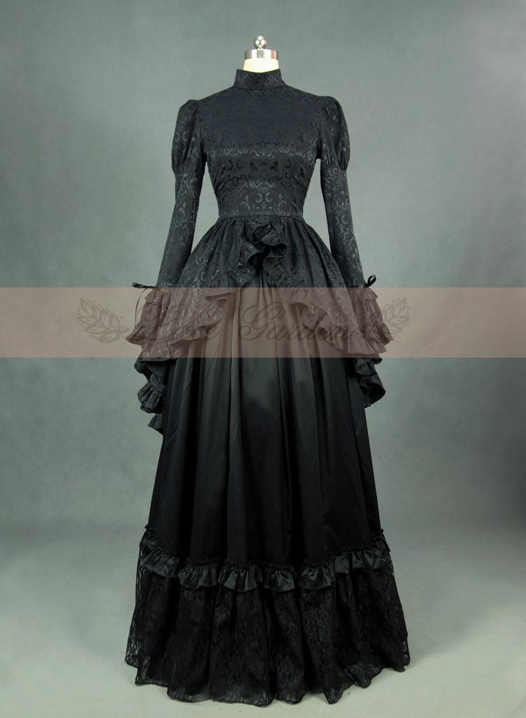 زفاف - Black Satin Long Sleeves Gothic Victorian Dress