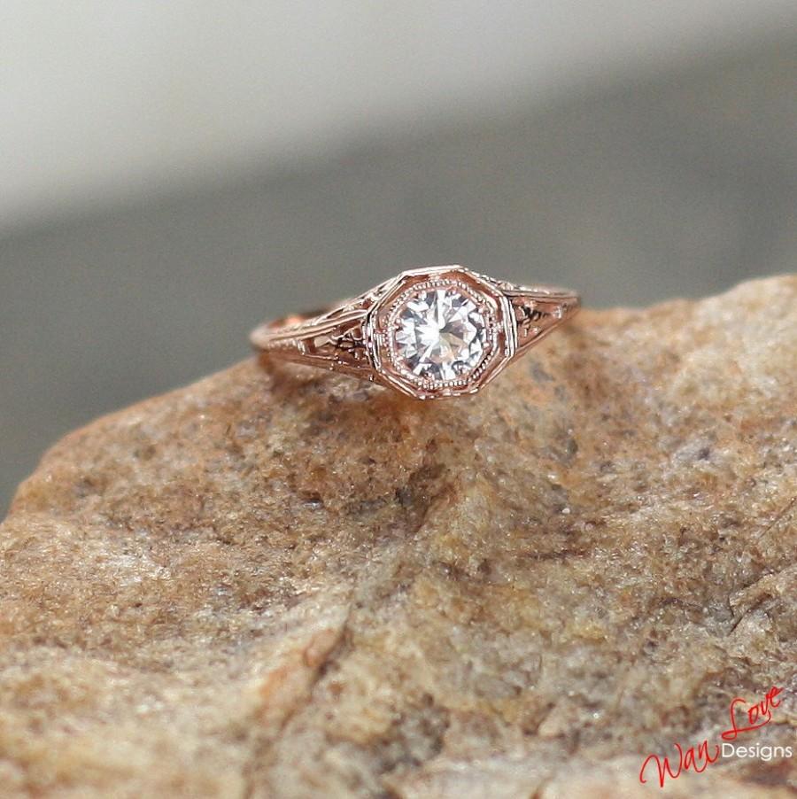 زفاف - White Sapphire Solitaire Antique Filigree Engagement Ring Round .5ct 5mm 14k 18k White Yellow Rose Gold-Platinum-Custom-Wedding-Anniversary