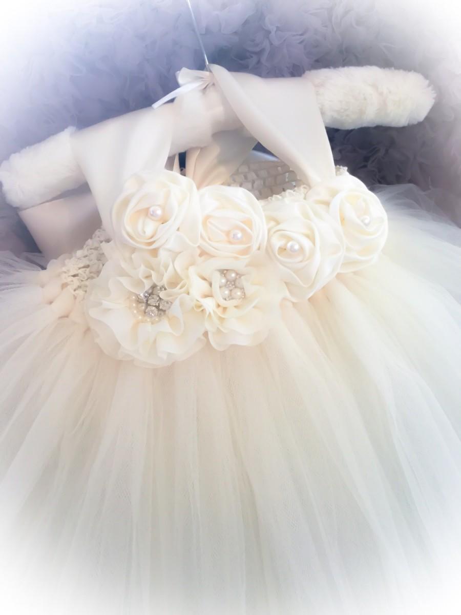 Hochzeit - Ivory Flower Girl Tutu Dress-Lace One Shoulder Dress-Ivory Flower Girl Dress-Junior Bridesmaid Dress-Ivory Wedding Dress-Wedding Dress