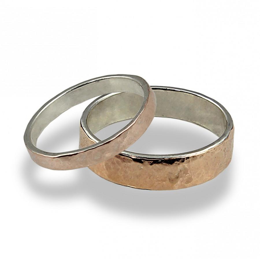 Wedding - Hammered Wedding Band Set , Rose Gold Wedding Band , Unique and Matching Wedding Rings , his and hers promise rings , wedding jewelry set