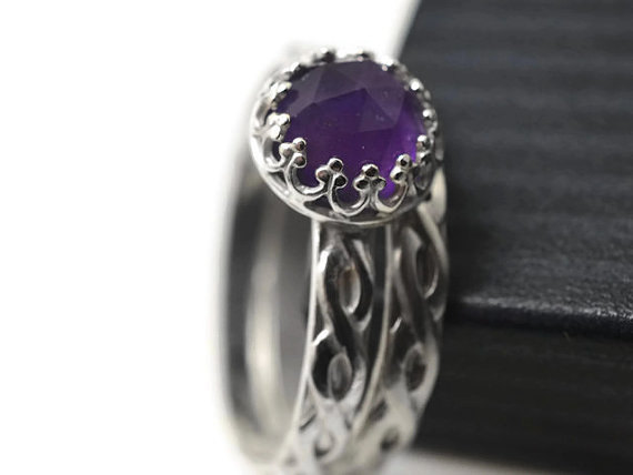 Hochzeit - Amethyst Wedding Set, Engraved Bridal Set, Natural Gemstone Engagement Ring, Celtic Style Wedding Band, Purple Gemstone Engravable Jewelry