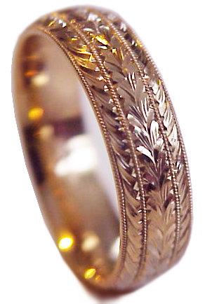 Hochzeit - New! HAND ENGRAVED Classic Leaf/Wheat Pattern Men's 14K Rose Gold 7mm wide Wedding Band ring "Comfort Fit" Any size