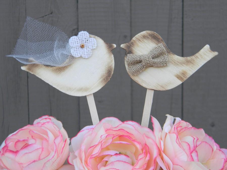 Hochzeit - Love Bird Wedding Cake Toppers, Rustic Lovebird Cake Topper, Wood Burlap Bow Lovebirds, Wooden Shabby Chic Country Topper, Cupcake Picks