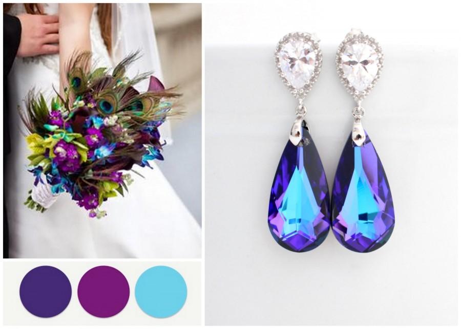 Свадьба - Bridal Peacock Wedding Purple Turquoise Earrings, Peacock Jewelry, Bridesmaid Peacock Earrings, Heliotrope Swarovski Crystal Earrings Purple