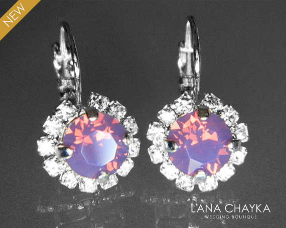 زفاف - Cyclamen Opal Halo Crystal Earrings Swarovski Purple Rhinestone Earrings Hypoallergenic Leverback Earrings Purple Opal Bridesmaid Jewelry