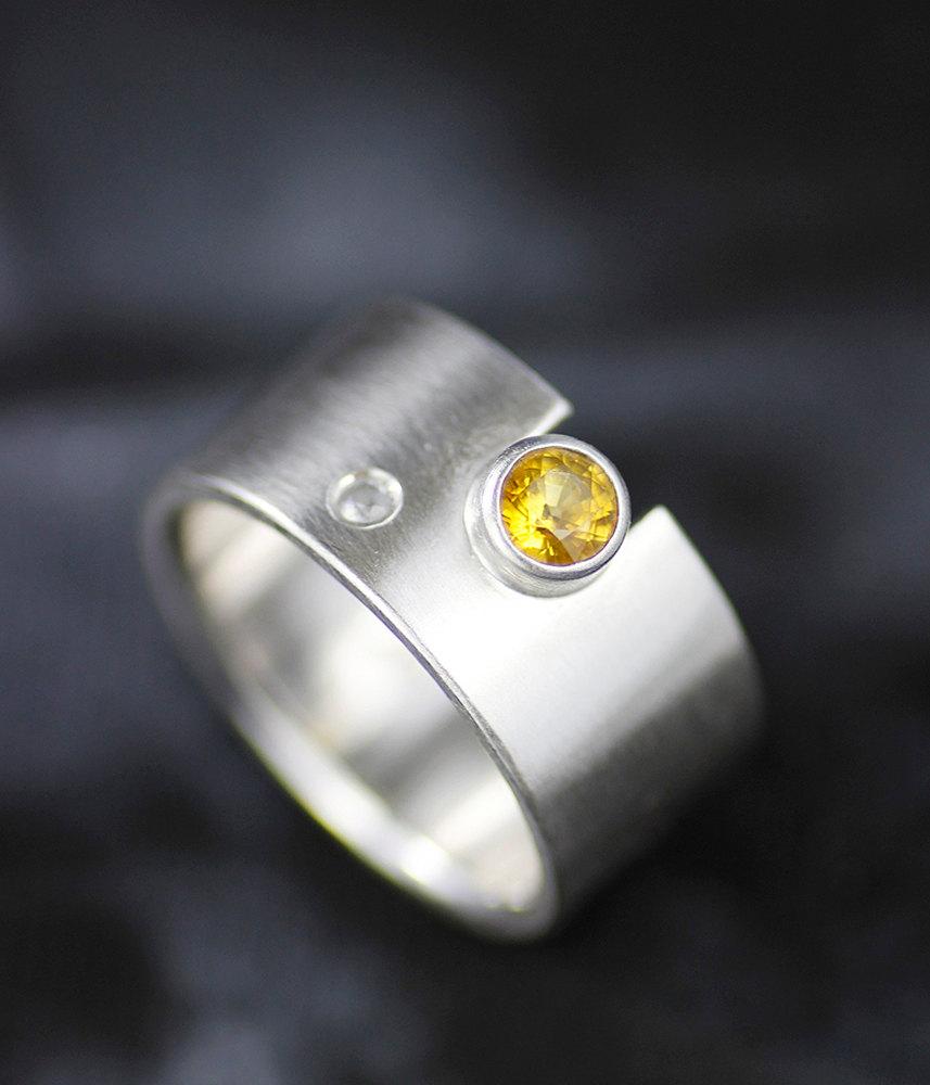 زفاف - yellow sapphire wide engagement ring, womens wedding band set, sun and moon wide womens wedding ring set, handmade wedding
