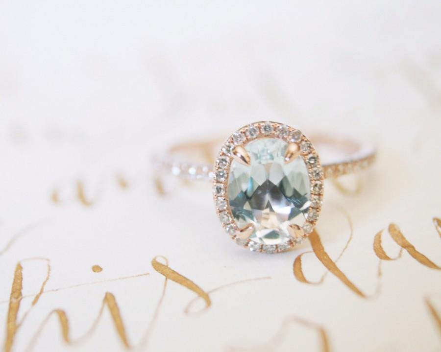 زفاف - Oval Aquamarine Diamond, Halo Engagement Ring, Aquamarine, Diamond, Rose Gold, Halo Diamond
