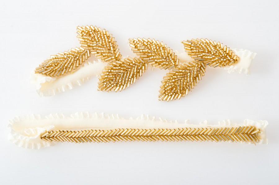 زفاف - wedding garter set with beaded leaves and trim in gold or silver