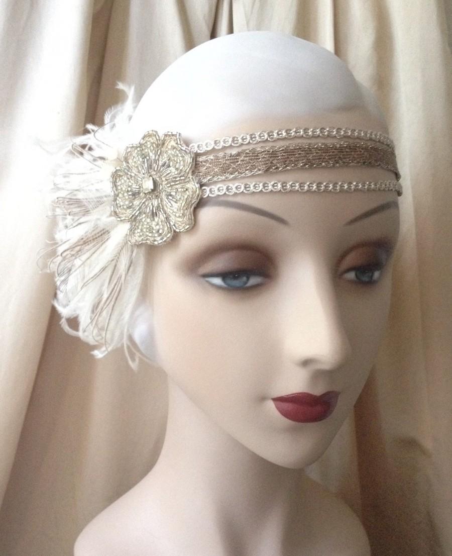 زفاف - 1920s flapper headdress or edwardian headband with flower of antique beads with ivory and brown feathers - estella - made to order