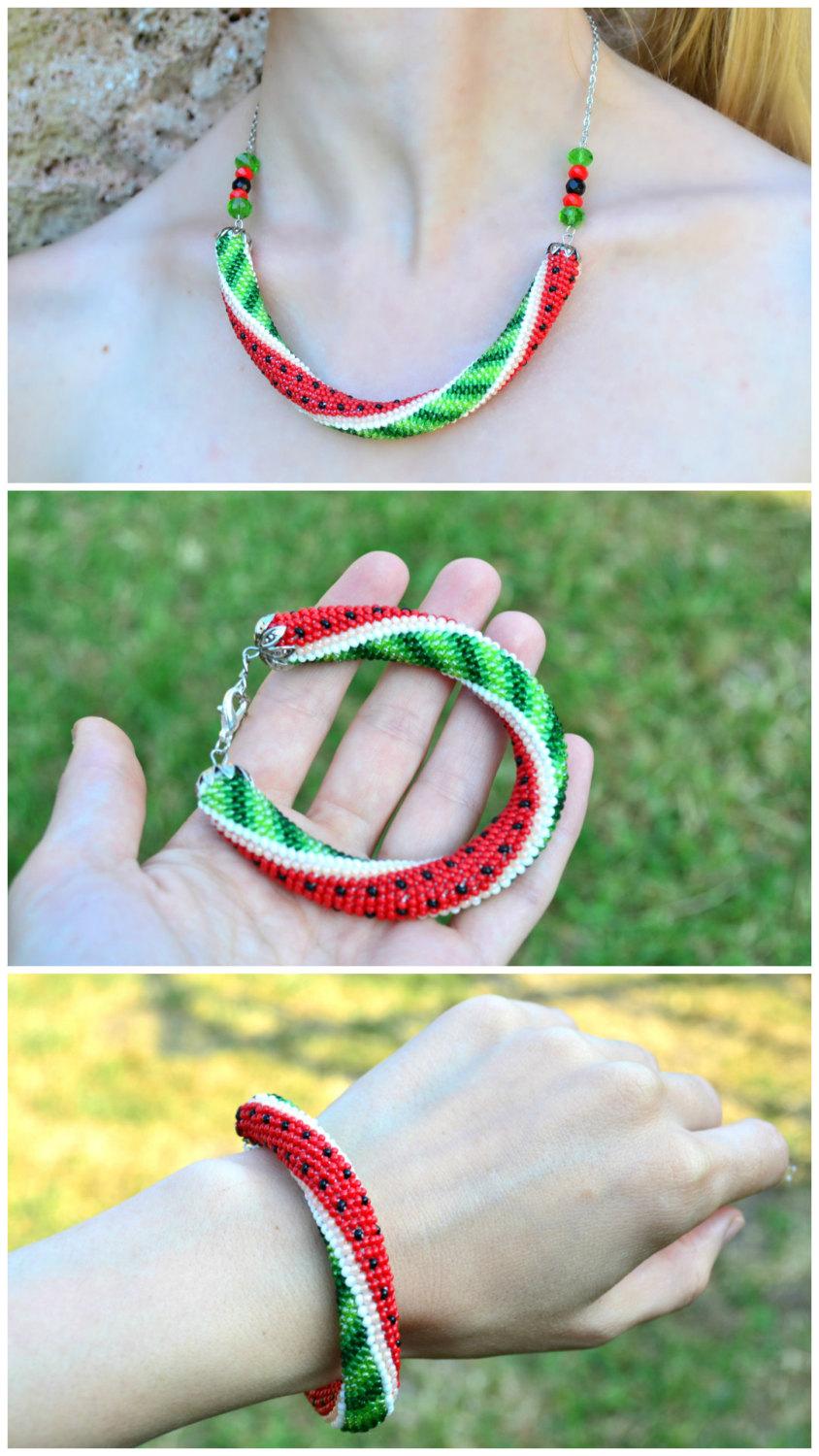 Wedding - 10% OFF Watermelon bracelet necklace jewelry. Berry jewelry bracelet necklace. Green red summer berry bead crochet rope bracelet jewelry.