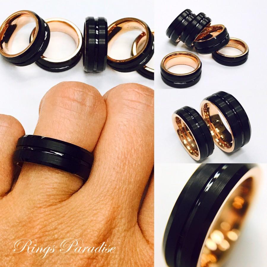 Wedding - Mens Tungsten Ring, Rose Gold Ring, Black Tungsten, His Promise Ring, Engagement Ring, Men's Tungsten Wedding Band, Tungsten Band, Mens Ring