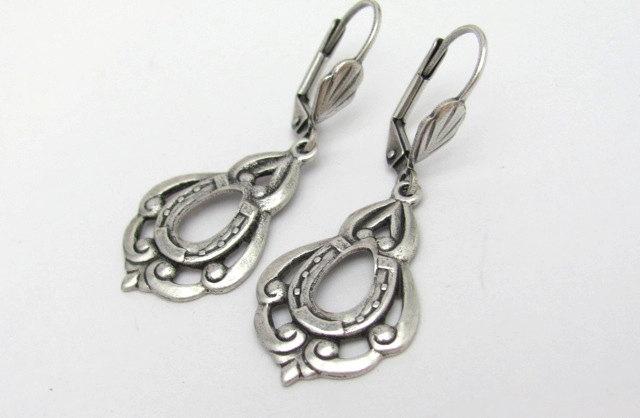 زفاف - Art Nouveau Earrings Horse Shoe Earrings Lucky Charm Earrings Antiqued Silver Plated Earrings Wedding Jewelry Hawaiibeads