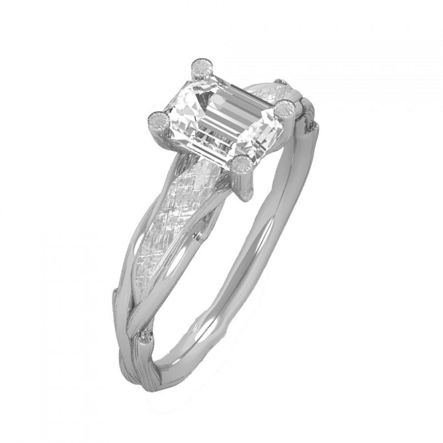 زفاف - Emerald Cut Moissanite Engagement Ring, Meteorite Ring With Custom White Gold Band