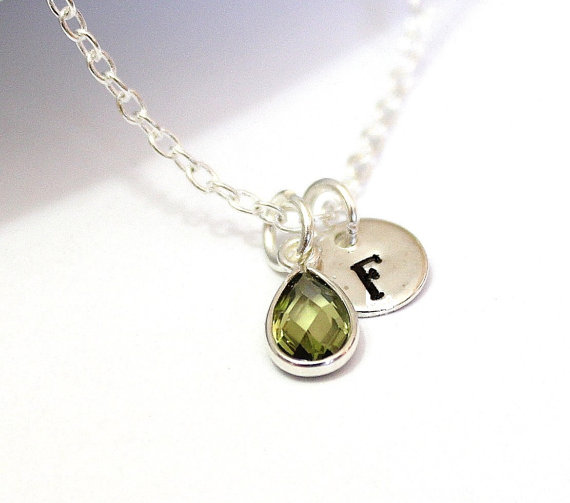 Hochzeit - Peridot Necklace Personalized Birthstone Necklace, Sterling Silver, Birthstone, August Birthstone, Olive Initial Jewelry, Bridesmaid Gift