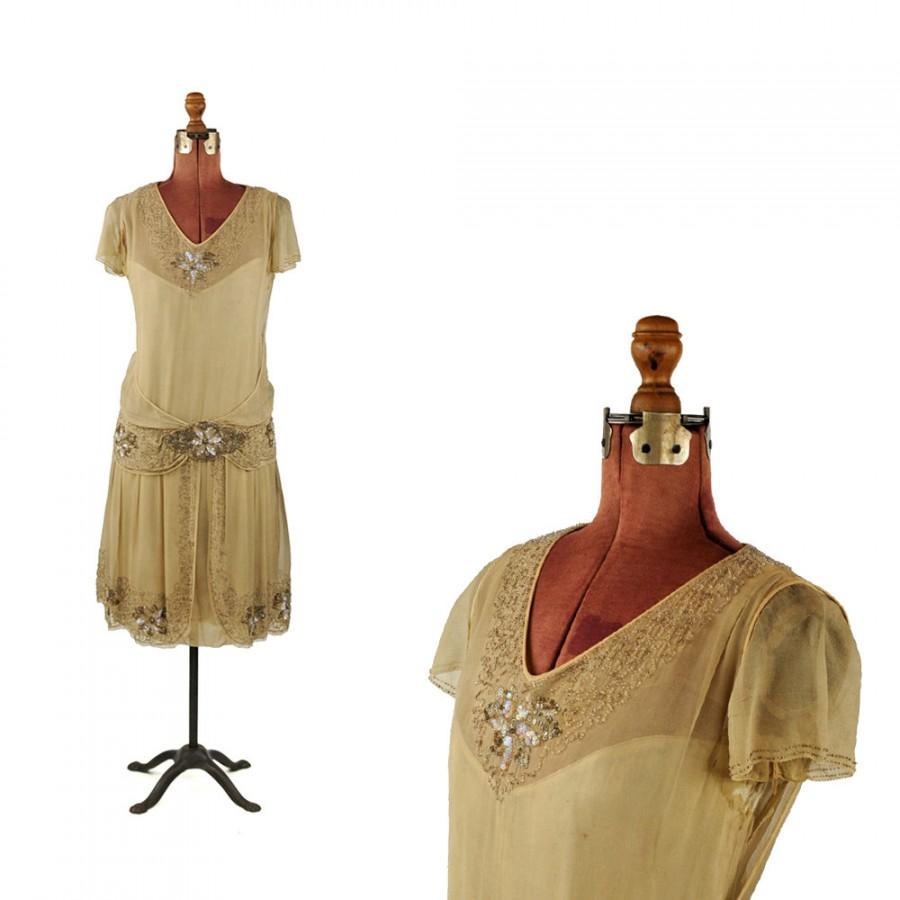 Wedding - Vintage 1920's Sheer Chiffon Beaded + Sequin Embellished Drop Waist Flapper Jazz Age Wedding Dress
