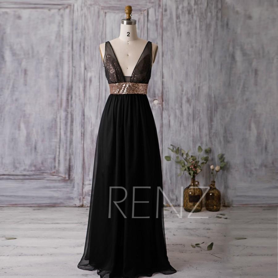 Mariage - 2016 Black Bridesmaid Dress, Rose Gold Sequin Wedding Dress, Deep V Neck Prom Dress, Long Backless Chiffon Formal Dress Floor Length (F338)