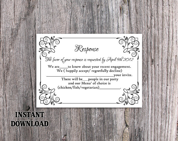 Свадьба - DIY Wedding RSVP Template Editable Text Word File Download Rsvp Template Printable RSVP Cards Black Rsvp Card Template Elegant Rsvp Card