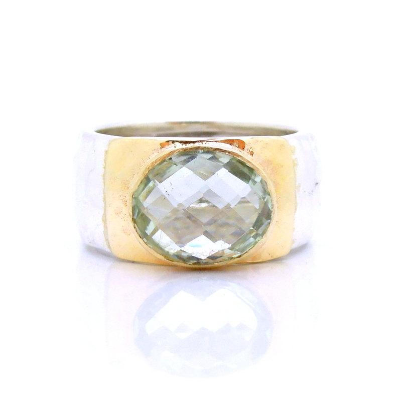 Wedding - Wide green amethyst ring set in hammered silver & gold
