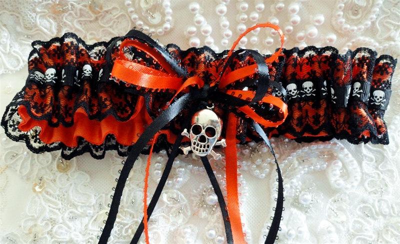 Wedding - Harvest Orange & Black Lace Skull Garter-Halloween-Harvest-Goth-Steampunk