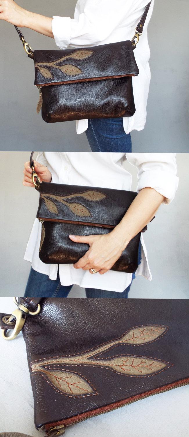 زفاف - Brown leather crossbody bag. Foldover cross body bag. Brown leather purse.