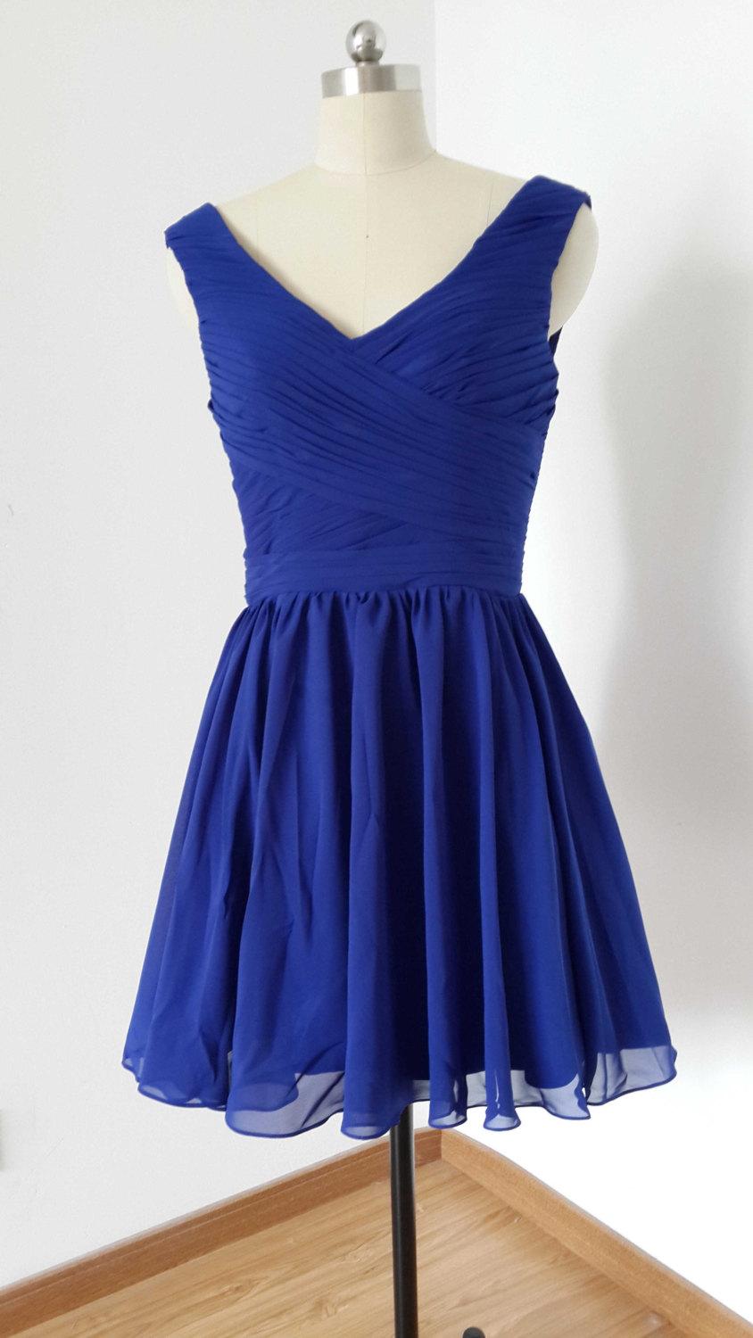 زفاف - 2015 V-neck V-back Royal Blue Chiffon Short Bridesmaid Dress