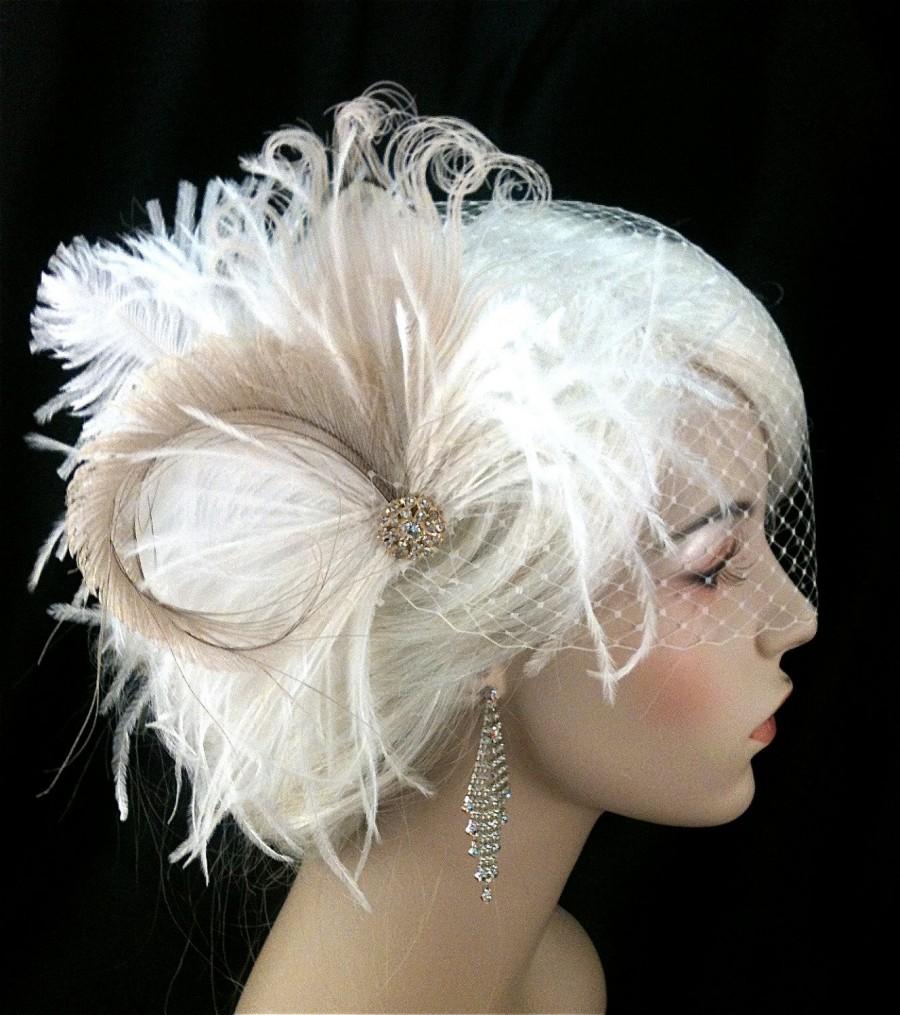 Wedding - Rock On  - Bridal Feather Fascinator- Bridal Headpiece, Wedding Veil, Wedding Fascinator, Feather Fascinator, Gold-tone Rhinestone Center